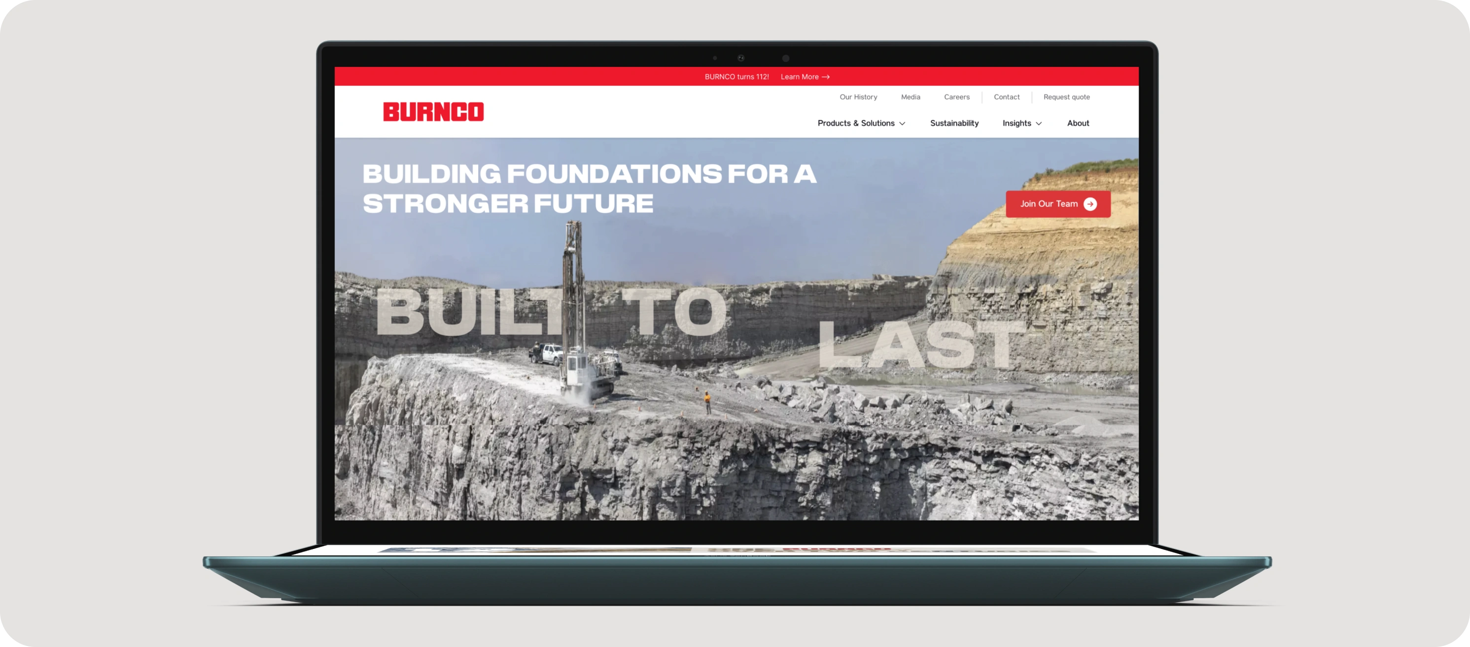 The redesigned BURNCO website shown on a laptop, headlined Built to Last.