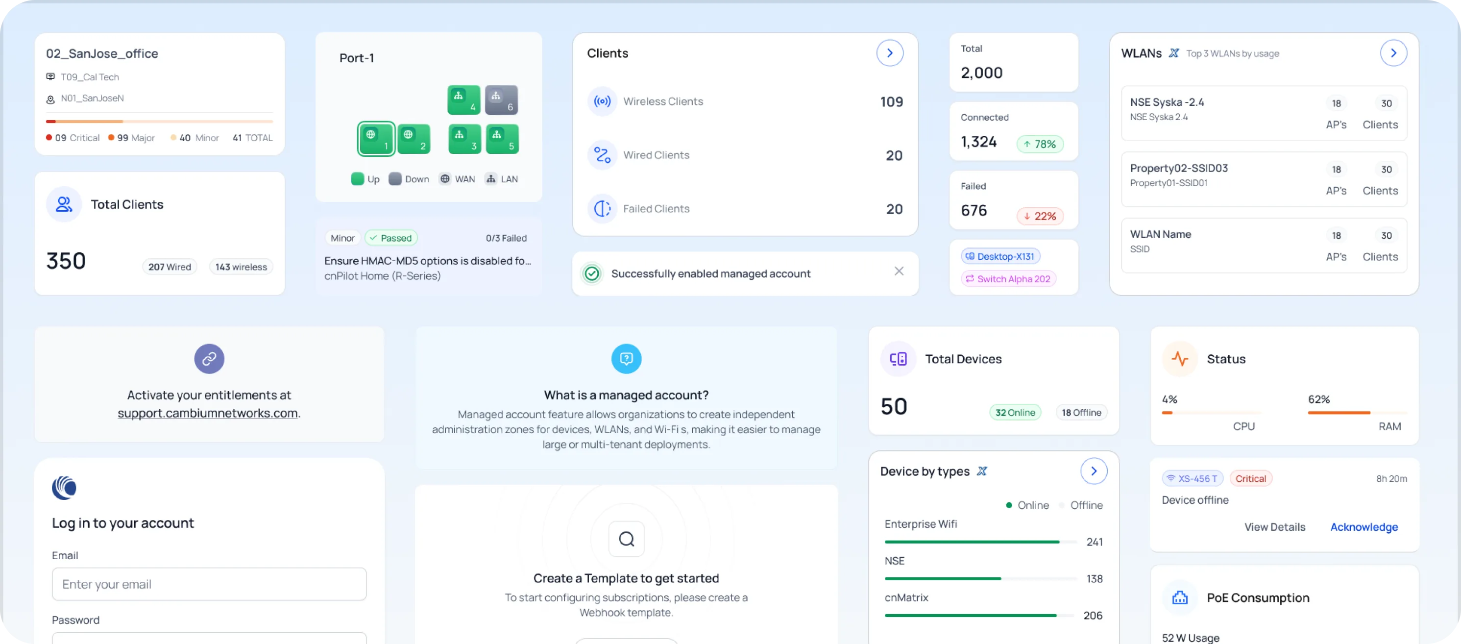 Screens from the Cambium Networks platform — device and client tables, traffic and usage charts, account setup and device detail panels.