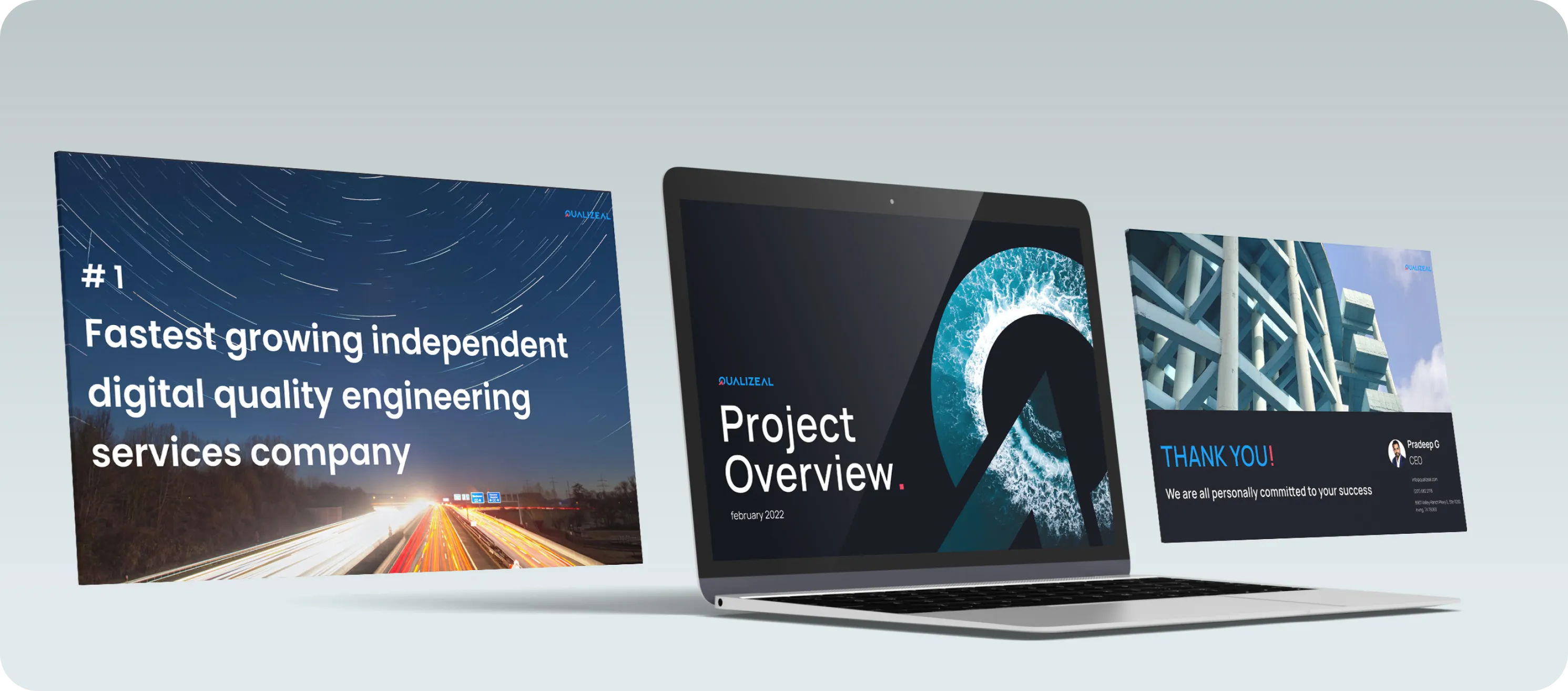 QualiZeal presentation and campaign artwork across screens.